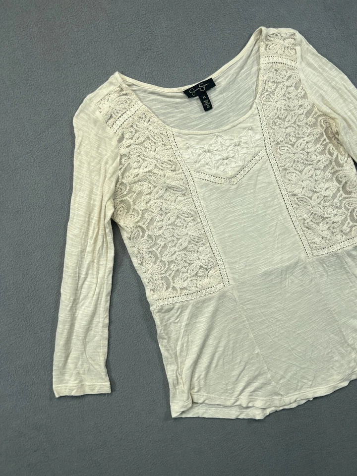 Camisa Jessica Simpson Mujer XS Extra Pequeña Beige Encaje Manga Larga Top Damas Foto 2 de 4