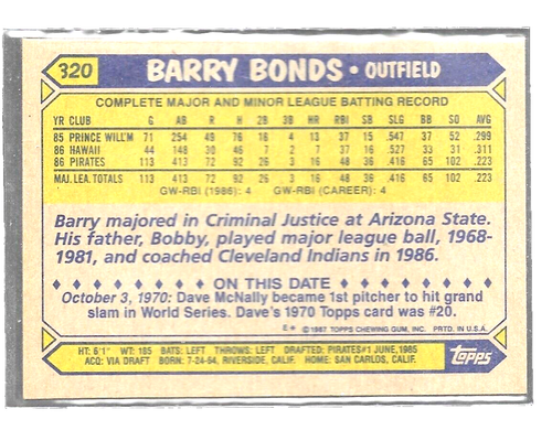 1987 Topps Barry Bonds 320 Pittsburgh Pirates Baseball Card - Picture 2 of 8