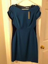T Tahari Cali Dress NWT Size 4 Teal Navy Ruched Short Sleeves