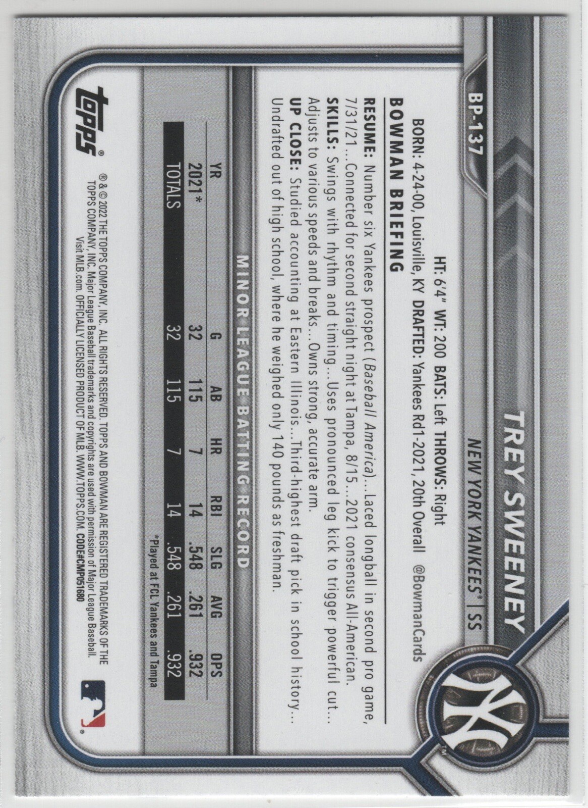 Trey Sweeney 2022 Bowman 1st Paper Prospects BP 137 New York Yankees