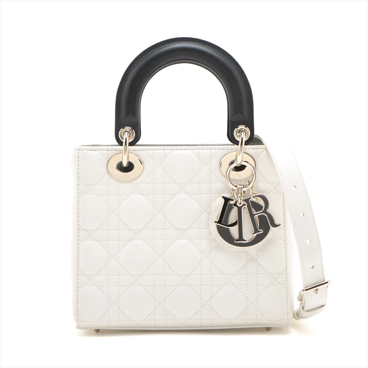 Sac à main Christian Dior Lady Dior Cannage cuir 2 voies blanc x noir