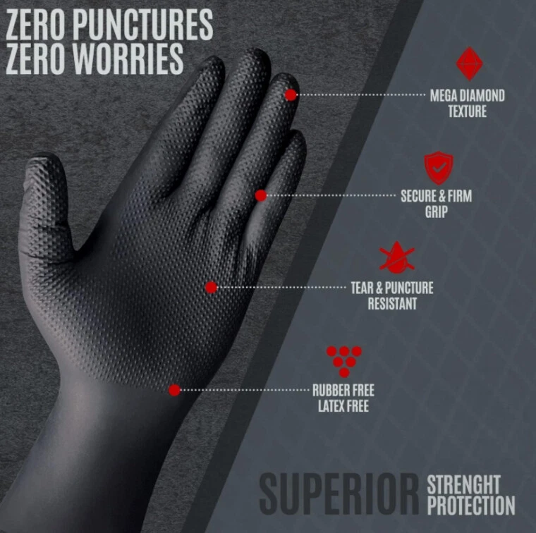 Guantes desechables de nitrilo negro de alta resistencia de 8 mil con textura de diamante elevado Foto 3 de 4