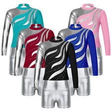Kids Girls Dance Outfits Cutout Back Stage Performance Outfits Metallic Shiny