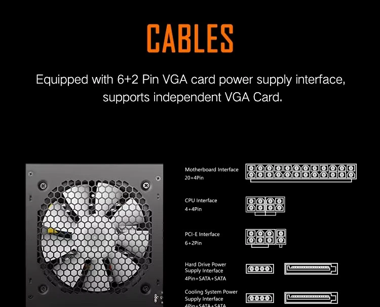 Aigo AK 700W PC PSU Power Supply EU Plug Black Gaming 120mm RGB Fan 24pin 12V - Image 3 of 3