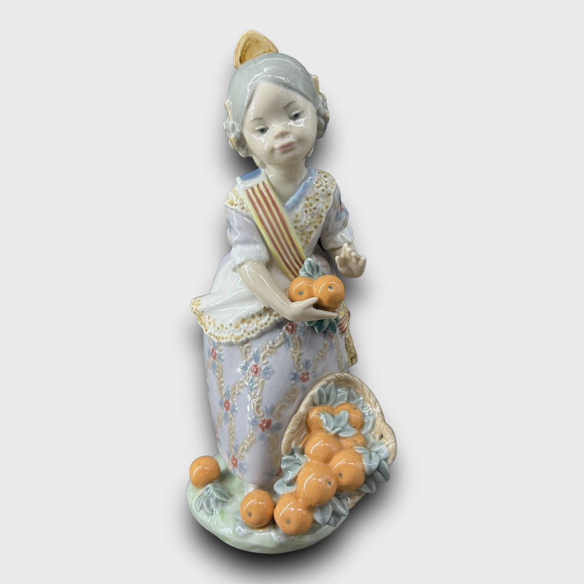Vintage Lladro Spain 'Miss Valencia' Girl Basket Orange #1422