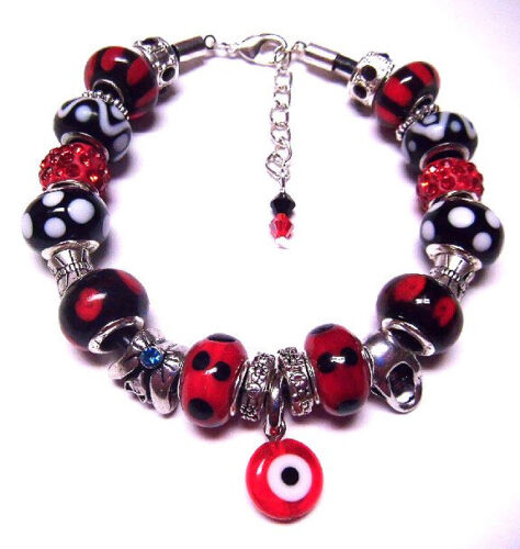 RED BLACK EVIL EYE SKULL BAT EUROPEAN MURANO GLASS BEAD CHARM BRACELET - Picture 3 of 4