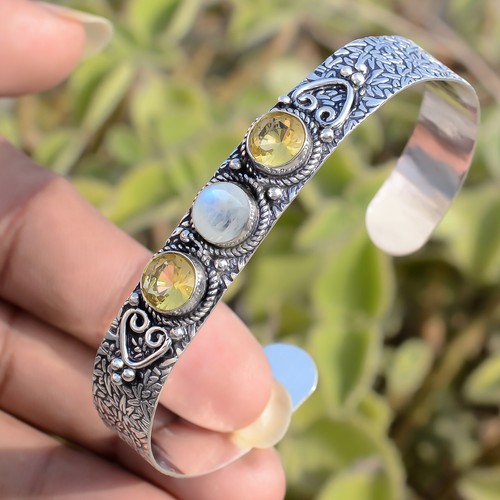 Bracelet En Argent 925 Avec Citrine Naturelle - 6.10g, 8.2 Pouces - Fait Main En Inde