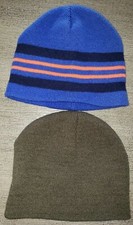 2 boys KNIT WINTER BEANIE HATS 1 dark green 1 blue orange STRIPES one size fits