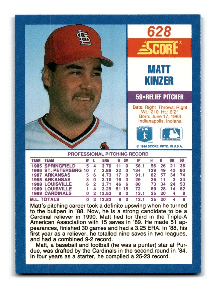 Matt Kinzer RC Rookie 1990 Score #628 St. Louis Cardinals NM-MINT - Image 2 of 2