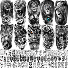 67 hojas de tatuajes temporales 3D de leones tribales realistas negros