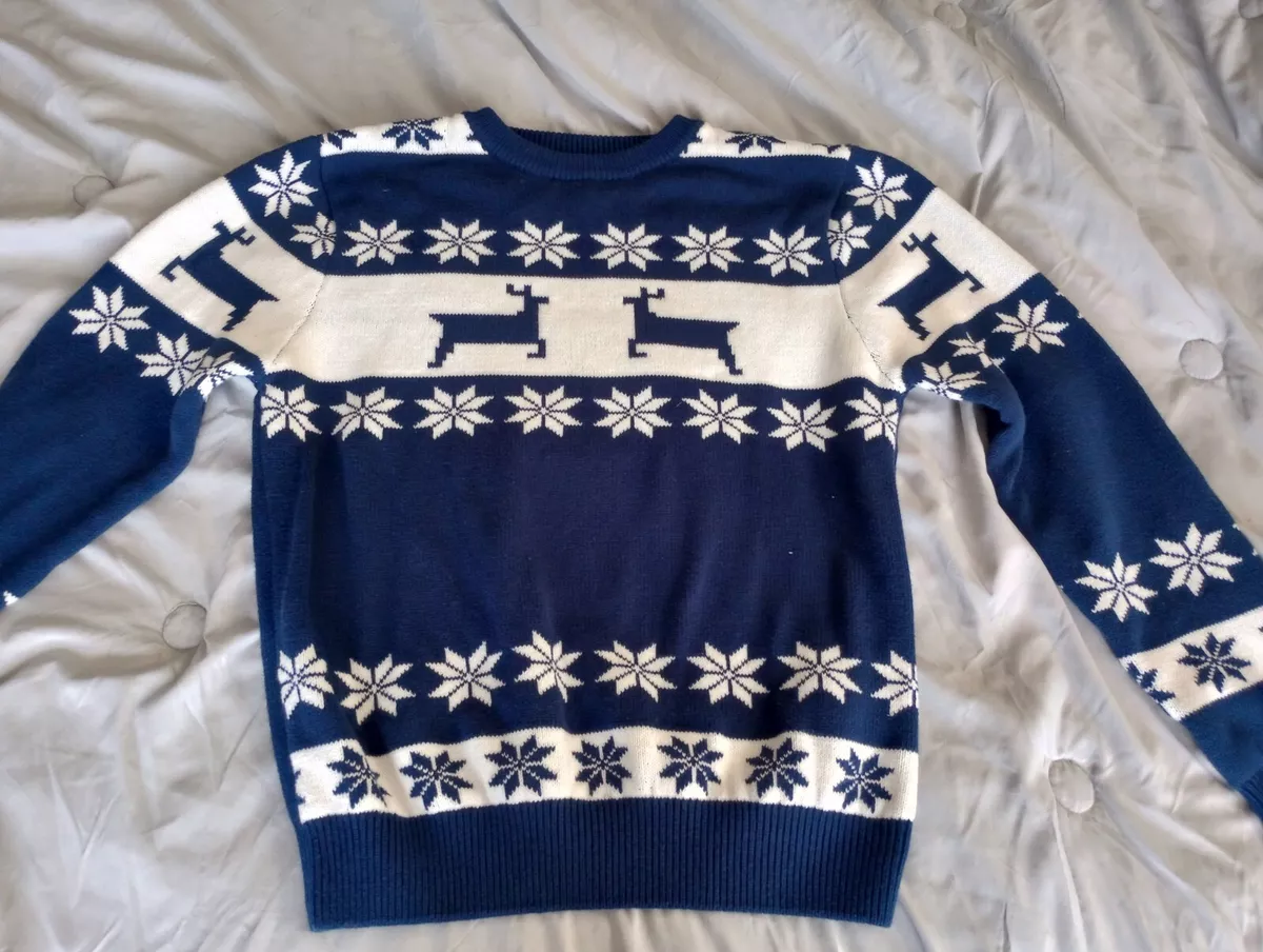 Blue and white christmas sweater cheap