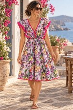 TAJ by Sabrina Crippa Floral Flutter Sleeve Smocked Boho Resort Dress Pink L NWT