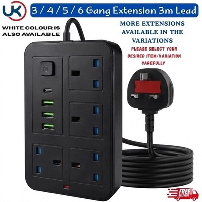 Verlängerungskabel 4-fach Stecker Buchsen 2/3/5 m Kabel Stromnetz UK Stecker