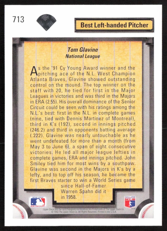 1992 Upper Deck Tom Glavine #713 Atlanta Braves - Image 2 of 2