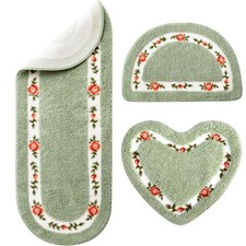 Green Rose Floral Coquette Bathroom Rug Mat Washable Non Slip Decor 3 PCS