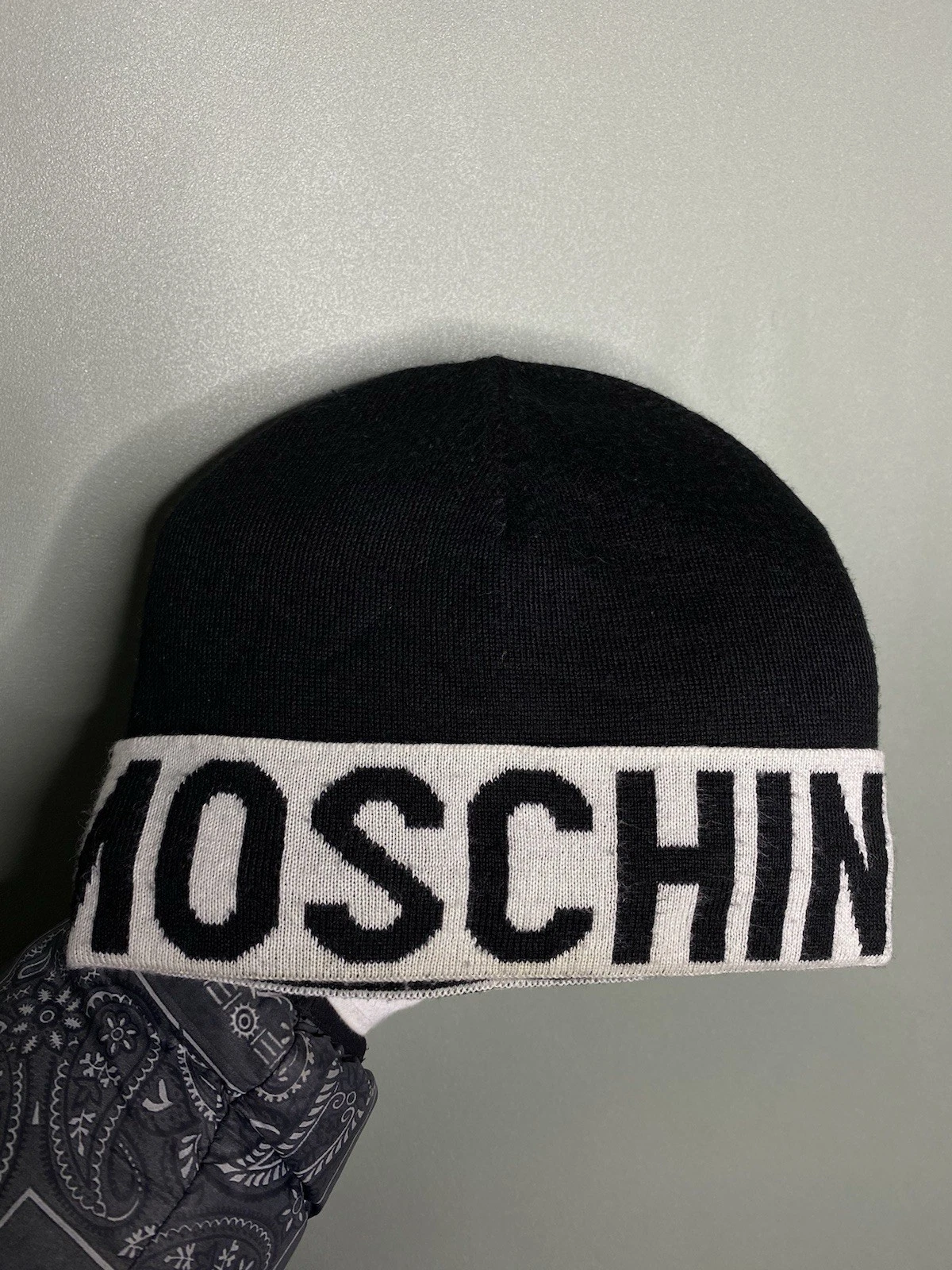 Moschino Beanie Hat Wool Blend Big Logo Black OS Insulated Fleece Inside