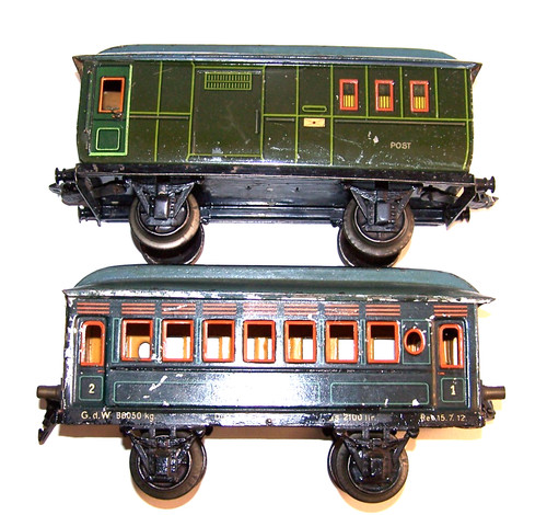 Lote 2 vagones de pasajeros antiguos Märklin escala 1 chapa ferrocarril 11884 + vagones de correos