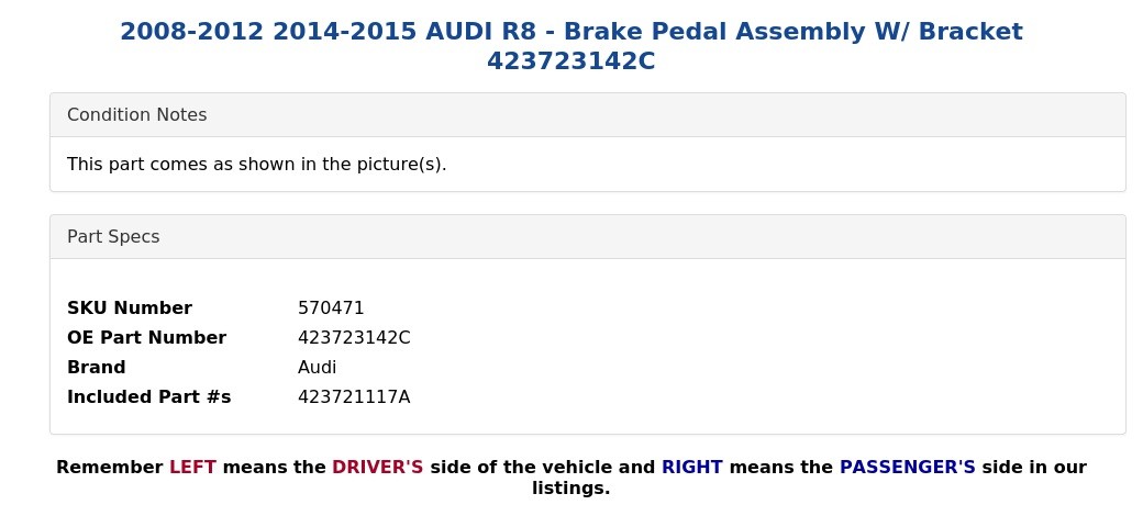 2008-2012 2014-2015 AUDI R8 - Brake Pedal Assembly W/ Bracket 423723142C
