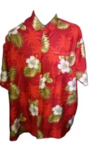 Rima Hawaiian Shirt. Men XL Red w/ Hibiscus & Palm Trees Pocket