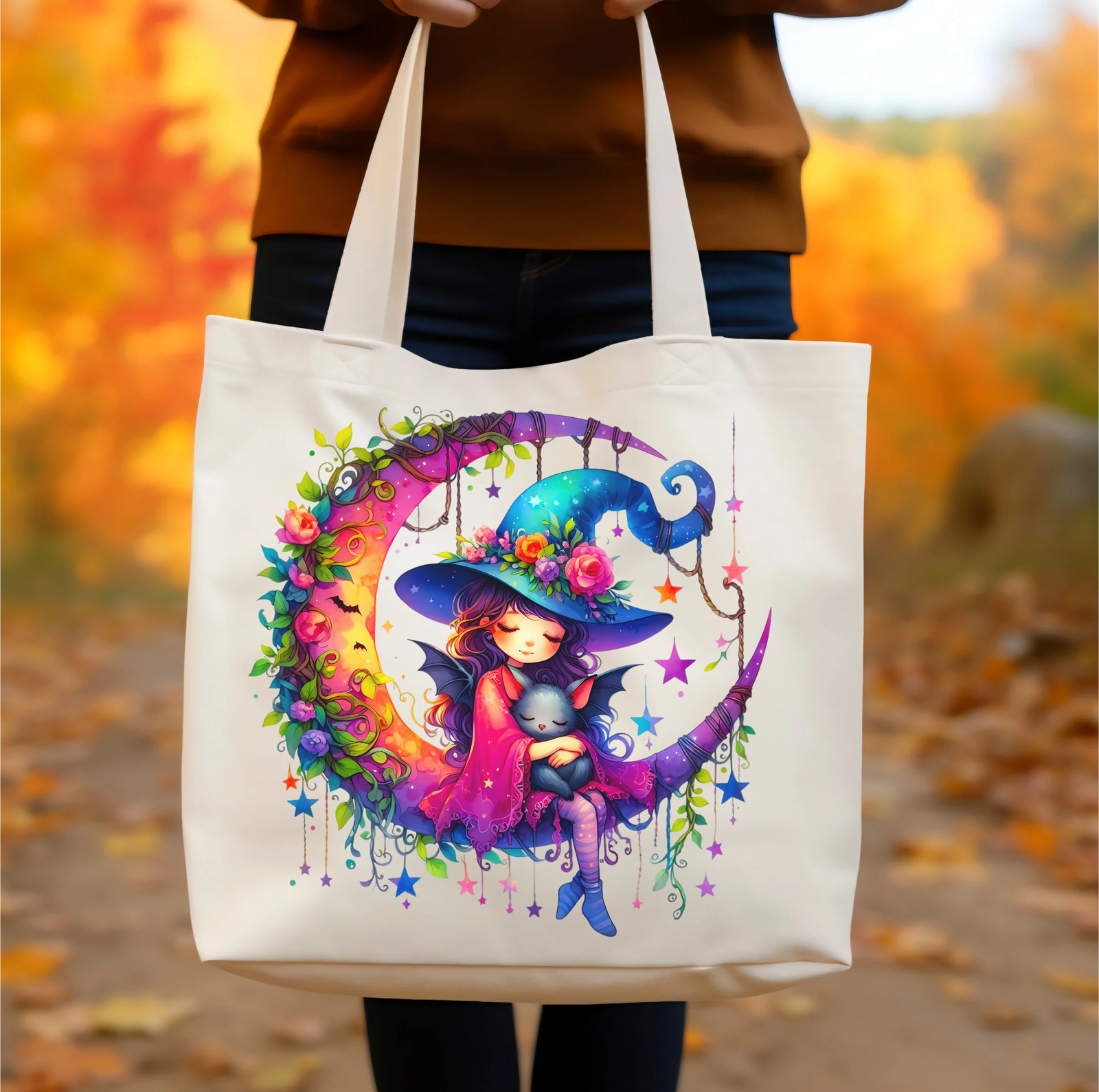 Witch Tote Boho Fashion, Eco-Friendly Gift, Halloween Decor, Market Bag, Artsy