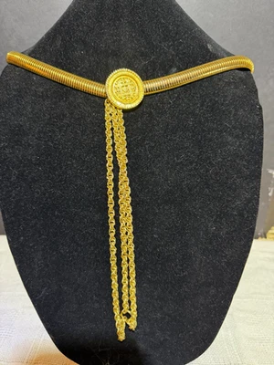 Vntg 1980's Accessocraft NYC Gold Tone Stretch Belt  21" Medallion Chain Tassel - image 1 of 4