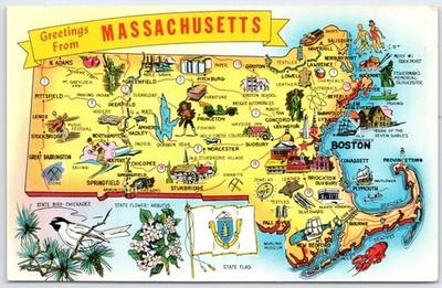Greetings From Massachusetts Map Postcard - Lusterchrome - USA