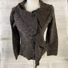 BNCI By Blanc Noir Womens Sweater Jacket Medium Brown Zip Ruffle Pockets Classic