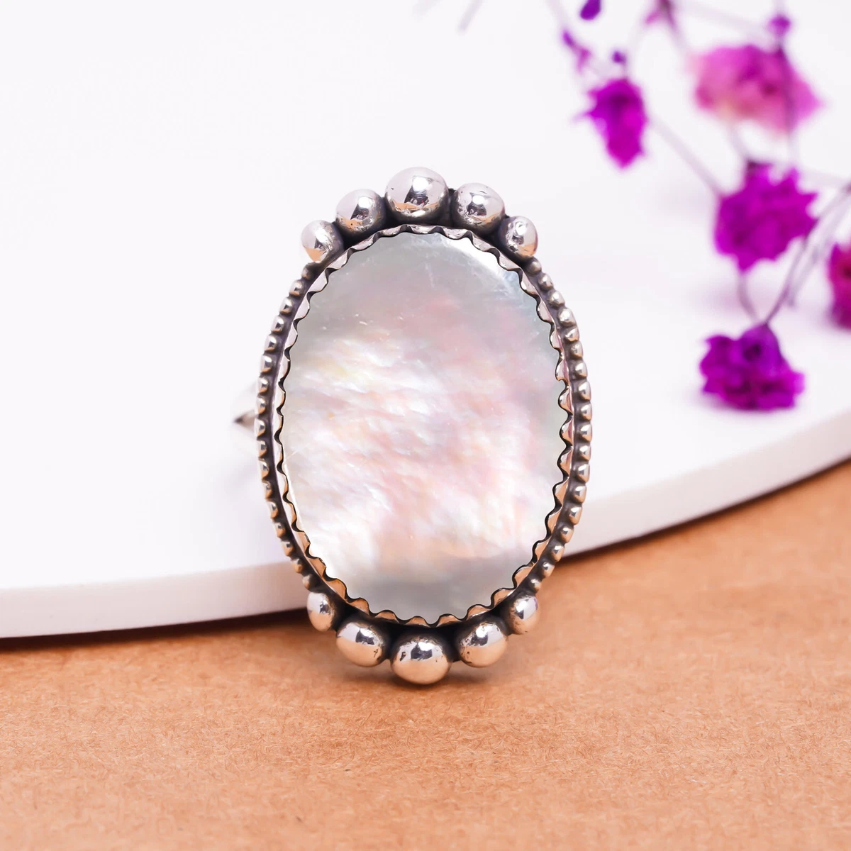 Natural Mother Of Pearl Gemstone 925 Sterling Silver Ring Jewelry