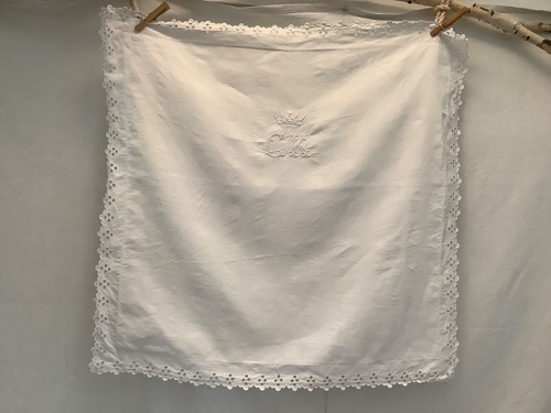 RARE Antique French Linen Pillow Sham Hand Embroidered Crown Coronet Mono CK - Picture 8 of 11