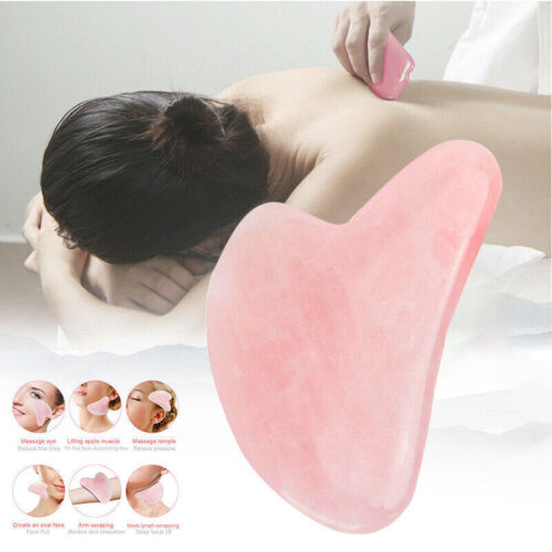 Natural Gua Sha Jade Rose Quartz Stone Face Board Tool Pink Heart Shaped Massage - Picture 1 of 6