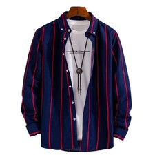 Mens Stripe T Shirt Long Sleeve Button Down Tops Casual Formal Business Slim Fit