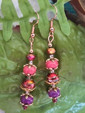 NEW ELEGANT Lampwork Glass PINK PURPLE GOLD Bead Handmade Earrings Birthday Gift