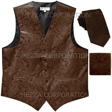 New Men's Vesuvio Napoli Paisley Tuxedo Vest 2.5" Skinny Necktie set party Brown