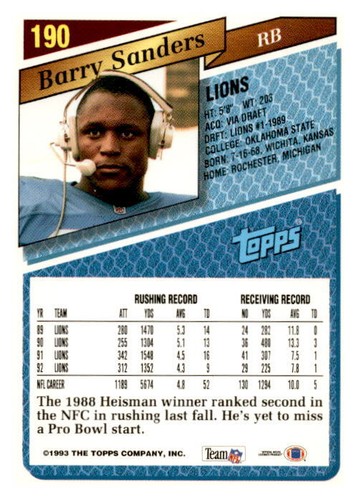 1993 Topps #190 Barry Sanders Gold NM - Picture 2 of 2