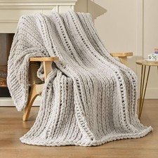 Light Gray Chunky Cable Knit Throw Blanket 50x60 Inch Soft Chenille Couch