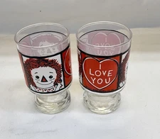Pair Of Vintage Raggedy Ann & Andy Juice Glass I Love You Bobbs Merrill 1972