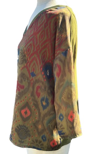 Mango Khaki / Multicolour Print Silky 3/4 Sleeve Top Labelled Medium - Picture 2 of 8