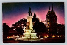 Salt Lake City UT-Utah, Brigham Young Monument, Classic Cars Vintage Postcard