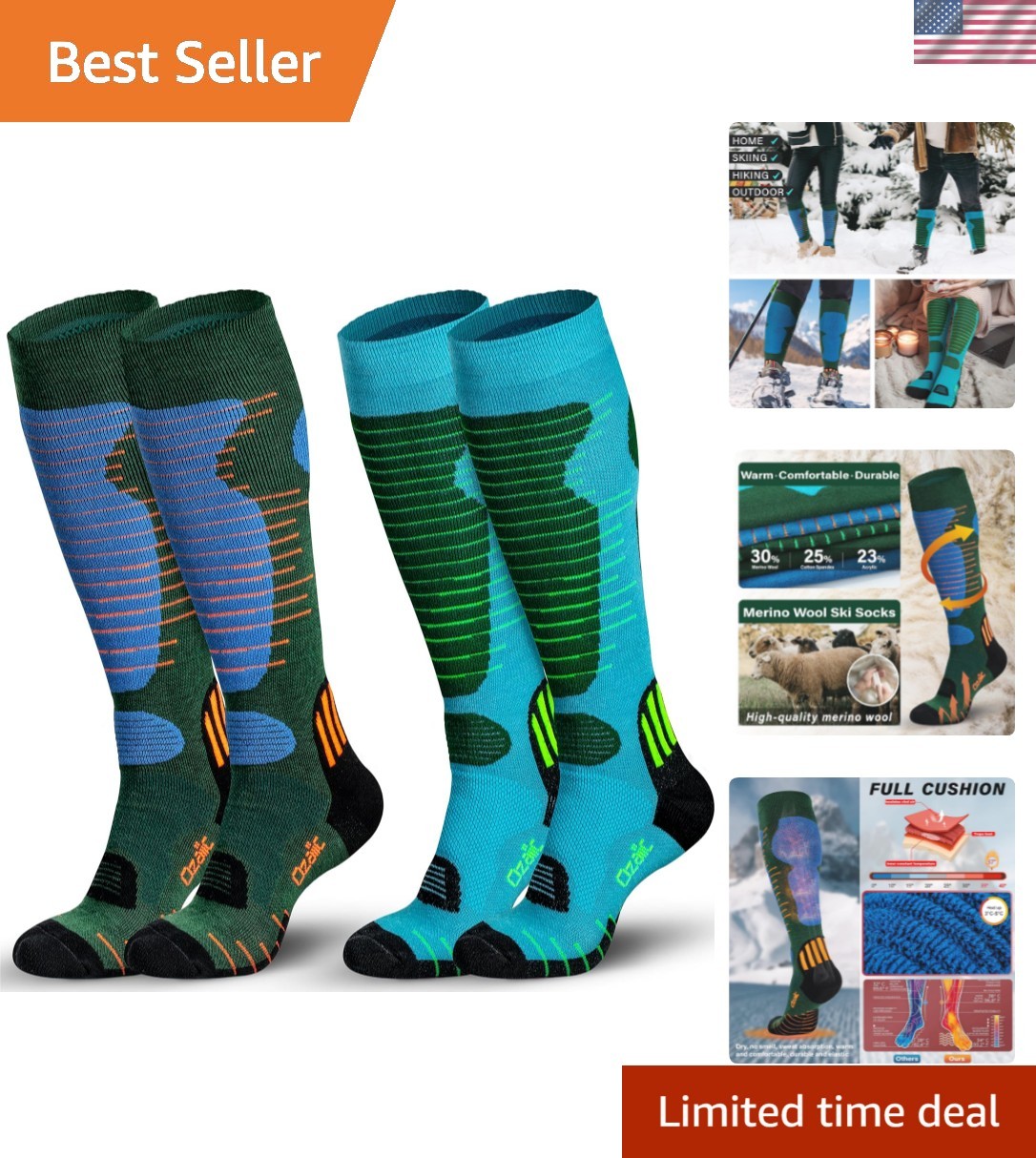 Merino Wool Ski Socks Mens Womens 2 Pairs for Skiing, Snowboarding, Thermal K...