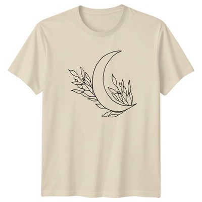 Crescent Moon And Botanical Leaves Damen T-Shirt Celestial Boho Style