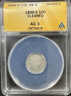 1896 s Barber Silver Dime ANACS AG3 Details Cleaned