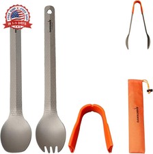 3 in1 Titanium Ultralight Cutlery Set, Long Handle Spoon and Spork, Camping tong