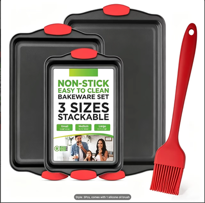 #ad Set Of 3 Carbon Steel Non Stick Baking Pans With Food Grade Silicone Oil Brush $19.99