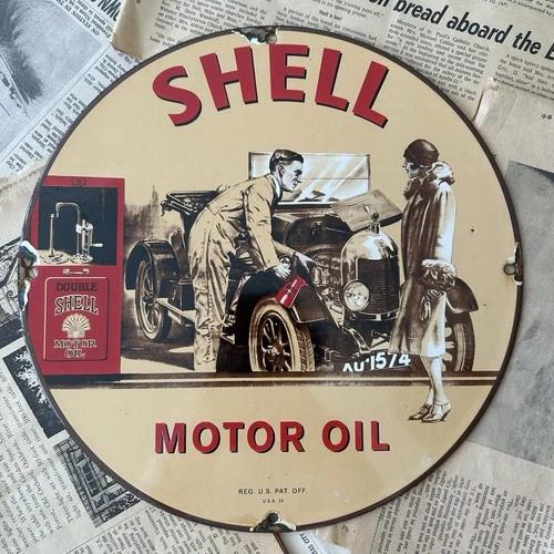 VINTAGE 1939 DOUBLE SHELL MOTOR OIL GAS PUMP 12 INCH PORCELAIN ENAMEL SIGN