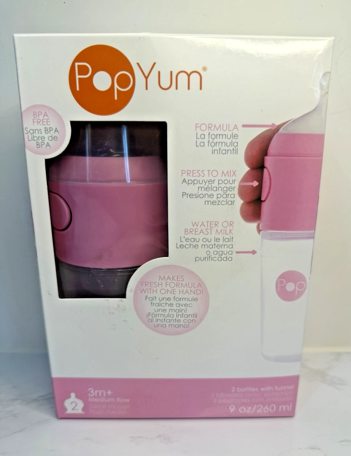 NEW PopYum Pop Yum9 oz Anti-Colic Formula Making Baby Bottle Pink 2 pk -dam Box