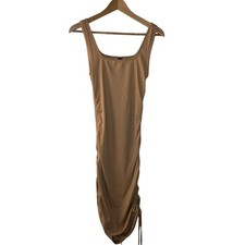 Beige Rib Knit Sleeveless Dress With Ruched Pull String
