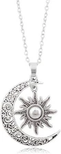 Vintage Bronze Crescent Moon and Sun Pendant Necklace Retro Swirl Silver 