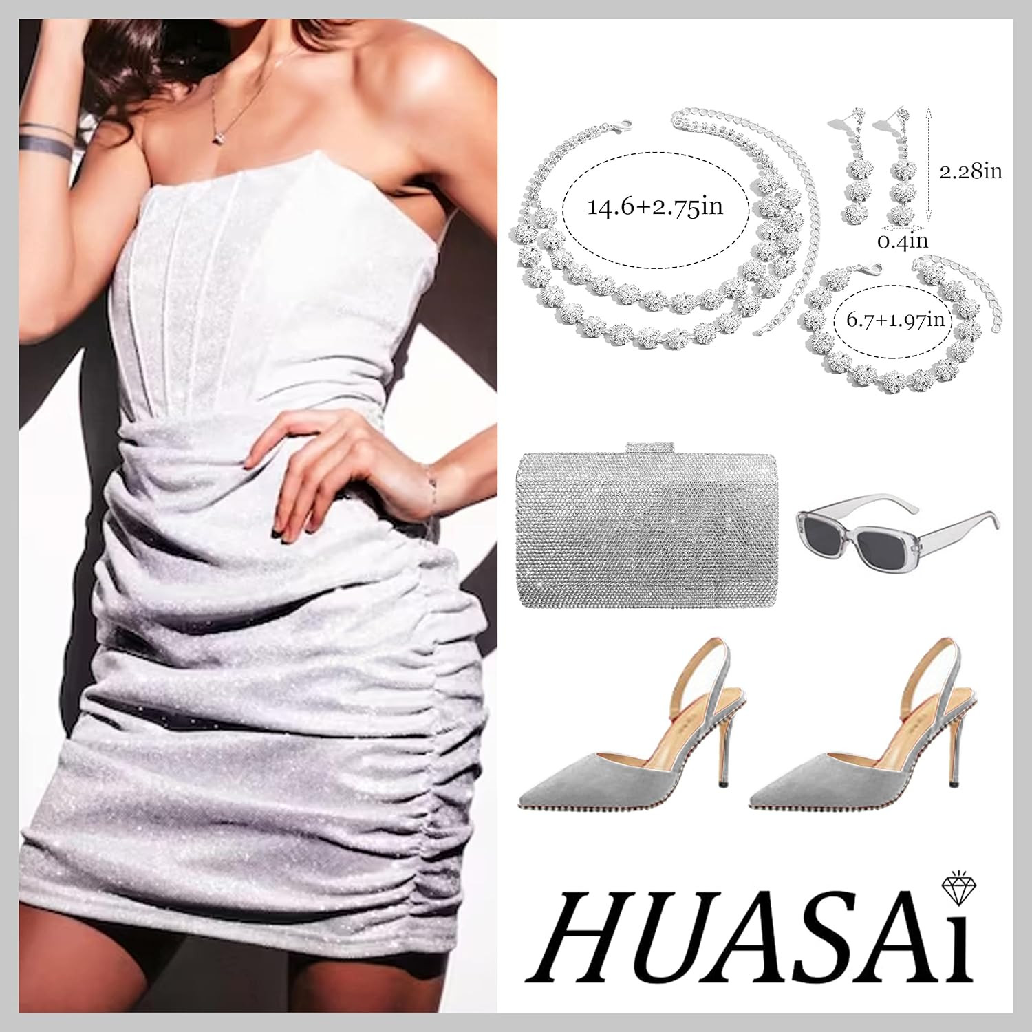 Silver Wedding Jewelry Sets for Brides Rhinestone Necklace Earrings Bracelet Set