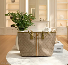 Tory Burch Beige Monogram Tote Bag Zip Large Inner Pockets Gold w/ Dust Bag