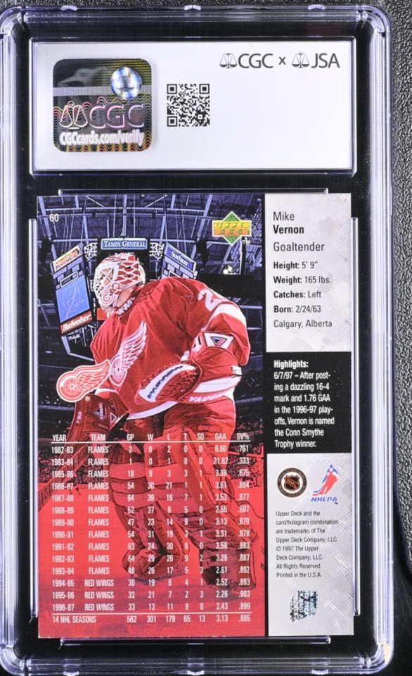 Mike Vernon Signed 1997-98 Upper Deck Card #60 Conn Smythe CGC AU JSA 9 Auto - Image 2 of 2